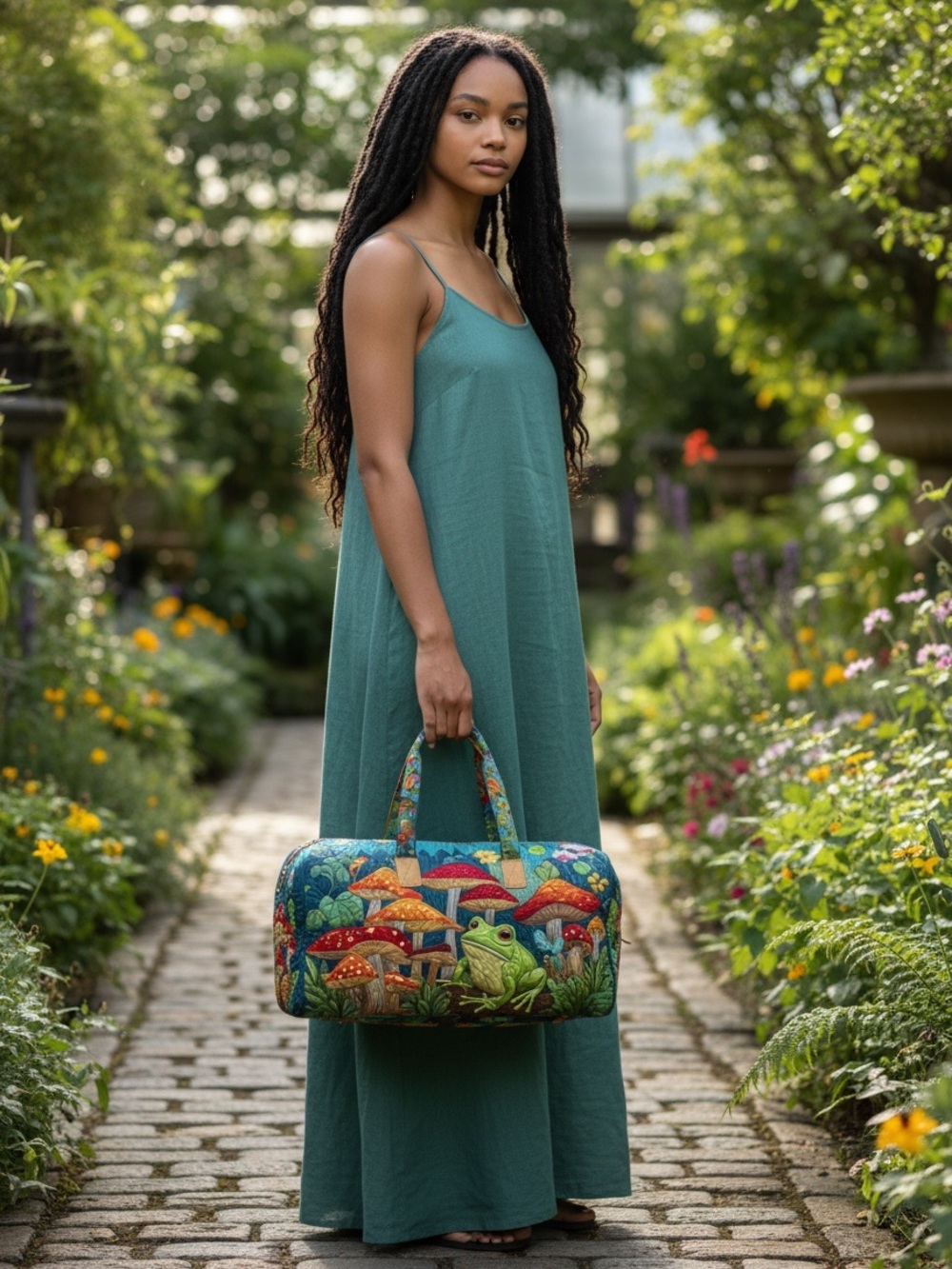 Boho Quilted Mushroom & Frog Weekender Duffle Bag Travel Tote - Picture 4 of 5